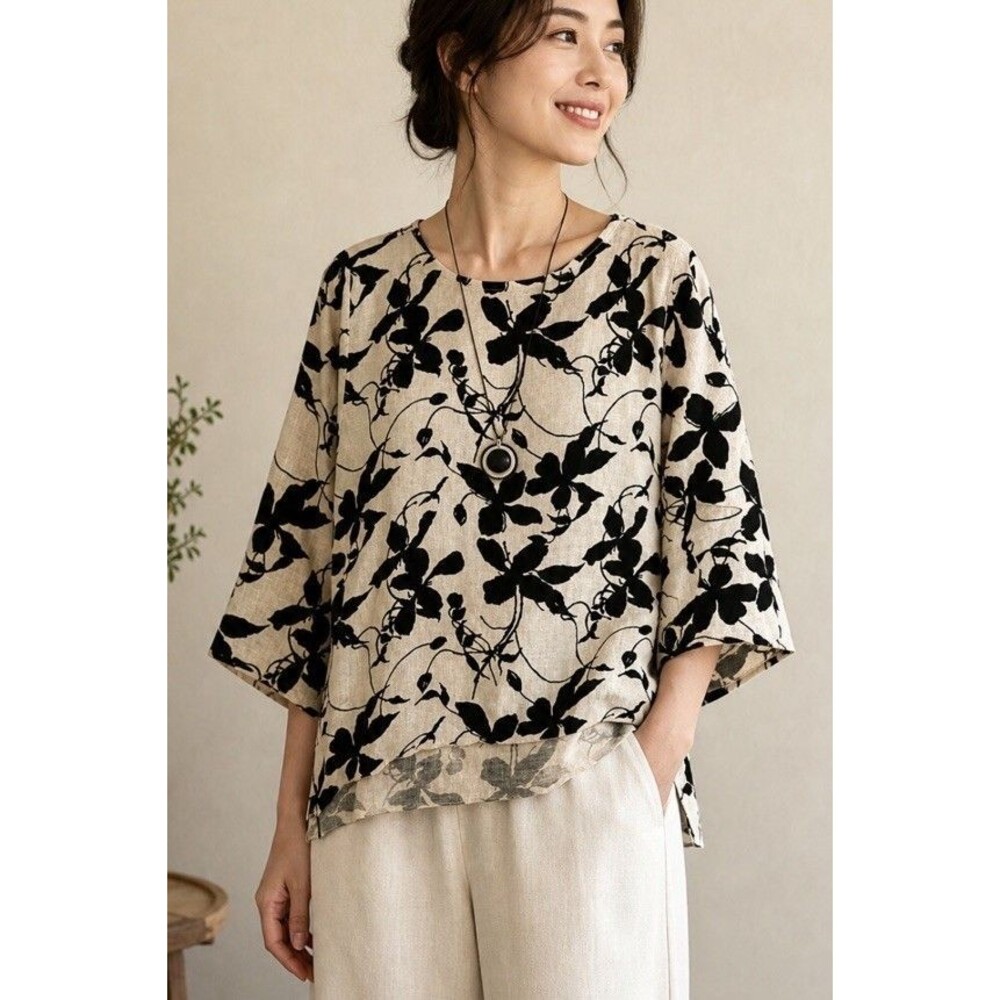 NWOT CTC 100% Linen Top Size Large Cream Black Floral Pattern Lagenlook